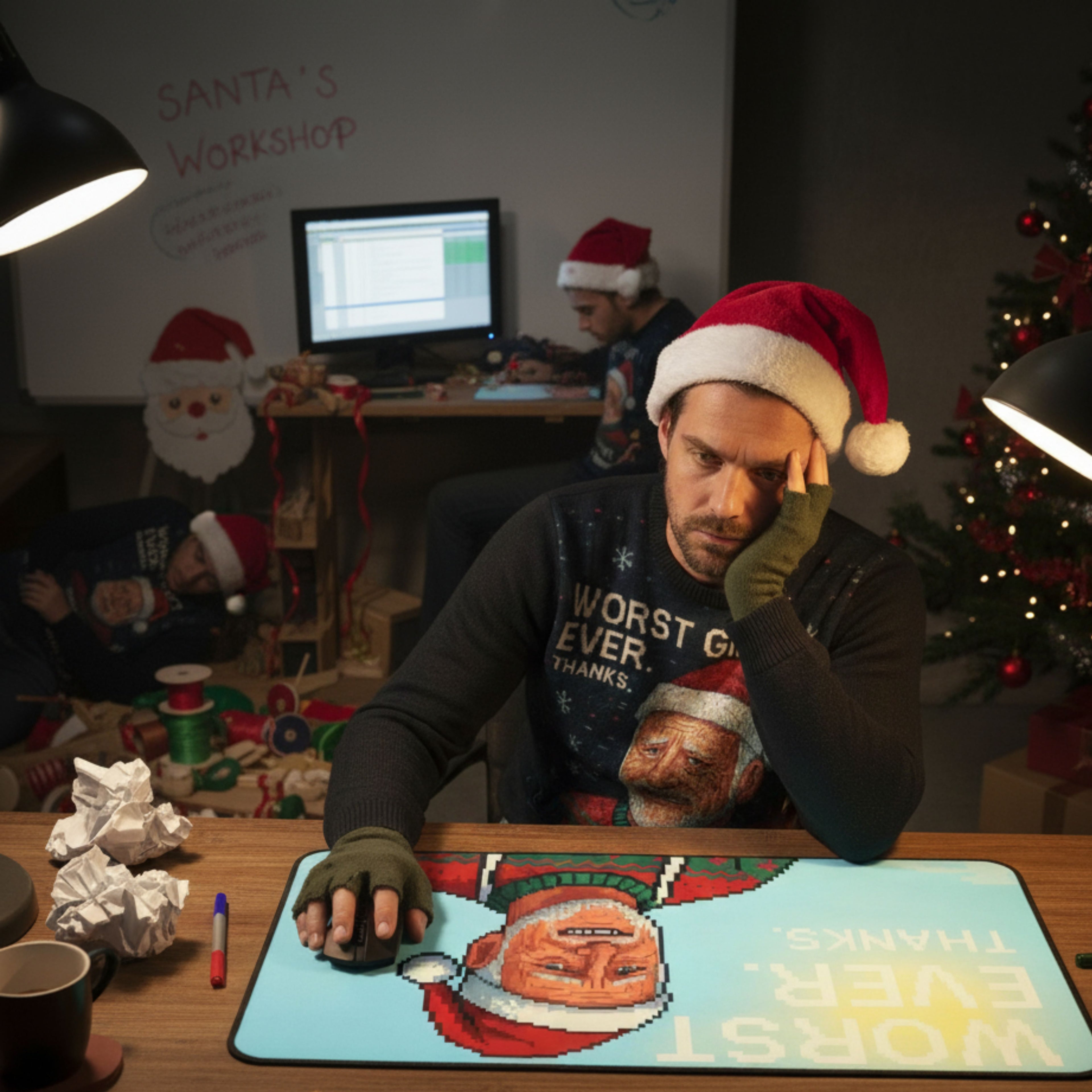 Worst Ever Ugly Christmas Desk Mat | Pixel Art Santa Gift | Funny Mousepad | LINEHAUS
